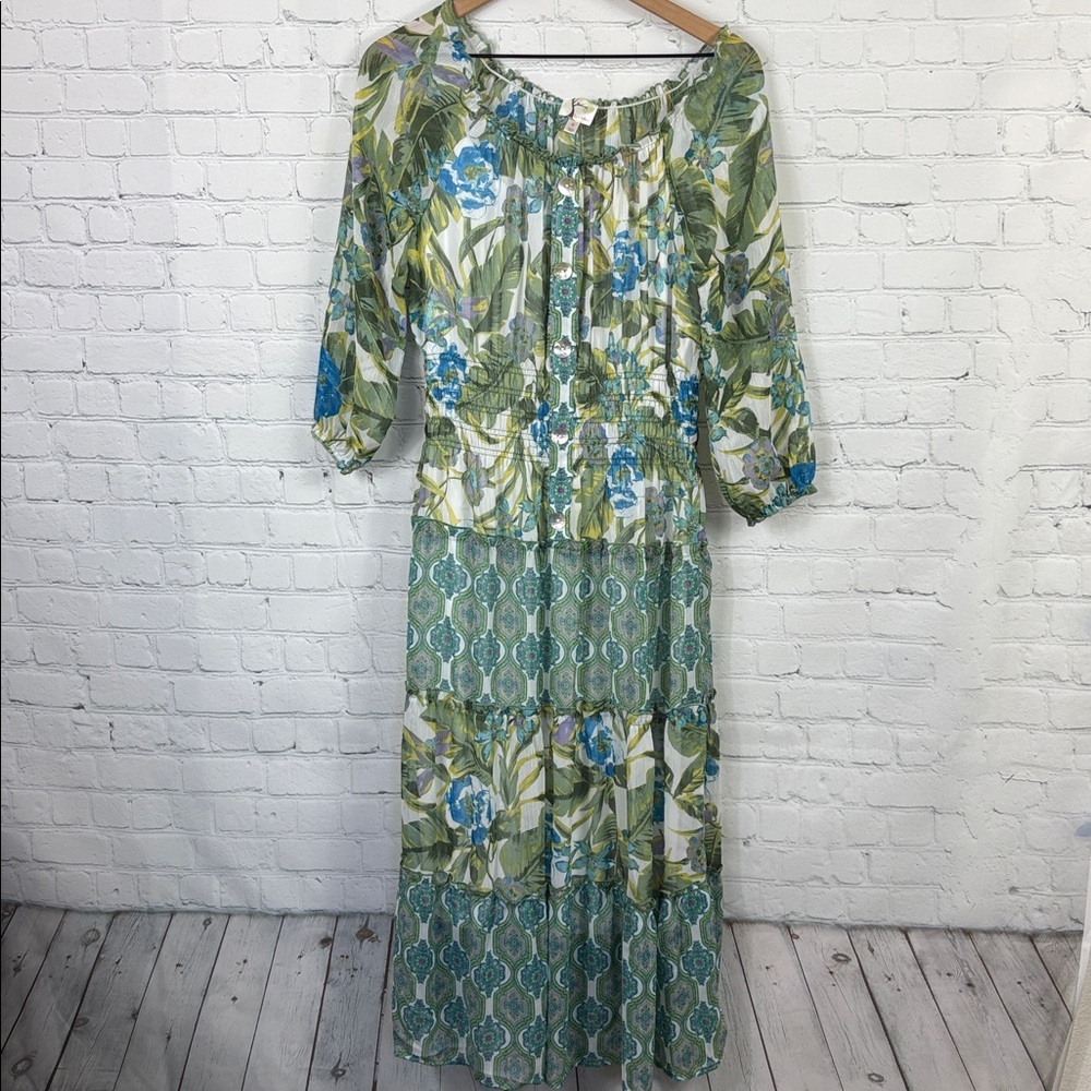 FIG and FLOWER Anthropologie Sheer Lined Floral Tiered Button Dress S
